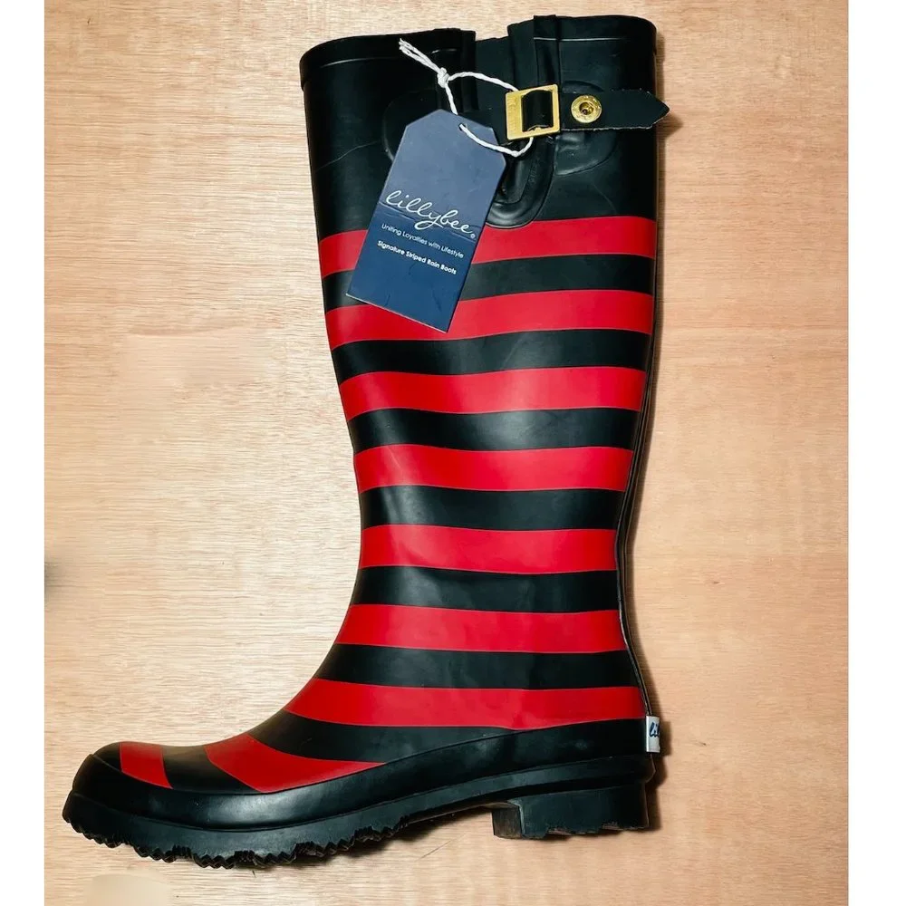 NWT Lillybee Black Red Striped Waterproof Rain Boots Women's  Size 6